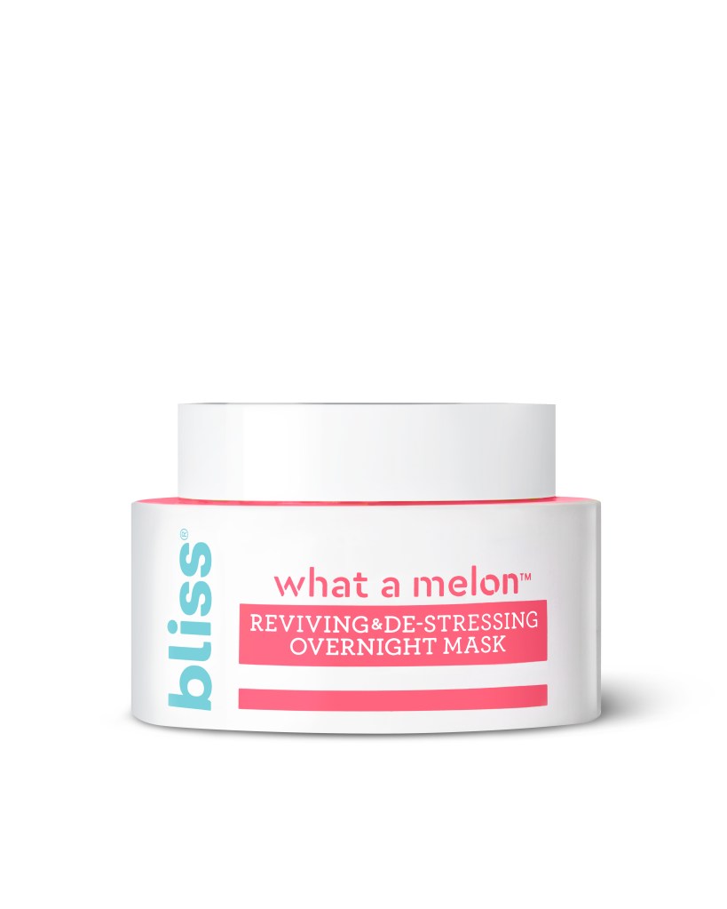 White container of 'What a Melon Reviving & De-Stressing Overnight Mask' with pink text