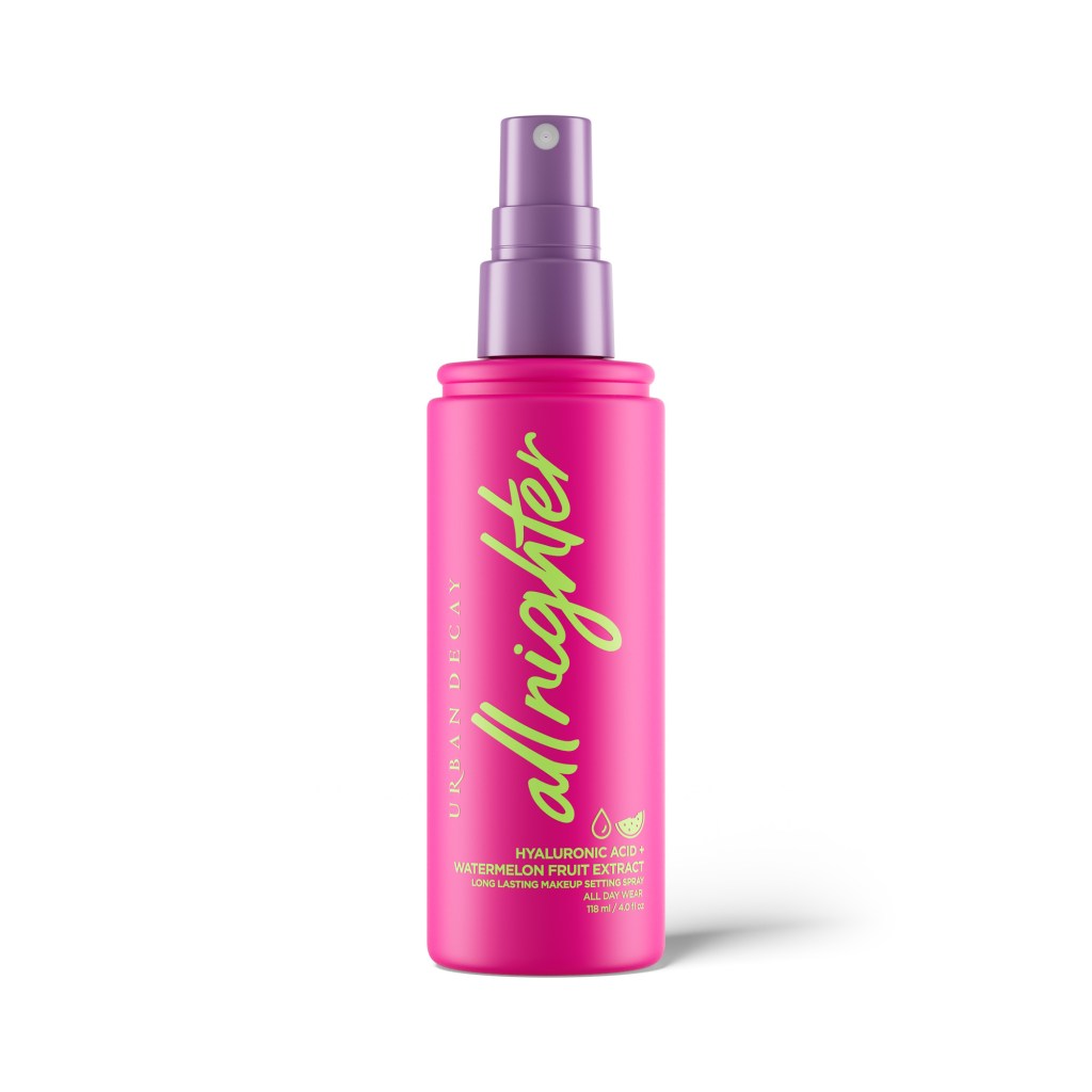 A pink spray bottle with a purple cap for All Nighter Hyaluronic Acid + Watermelon Fruit Acid Long Lasting Makeup Setting Spray