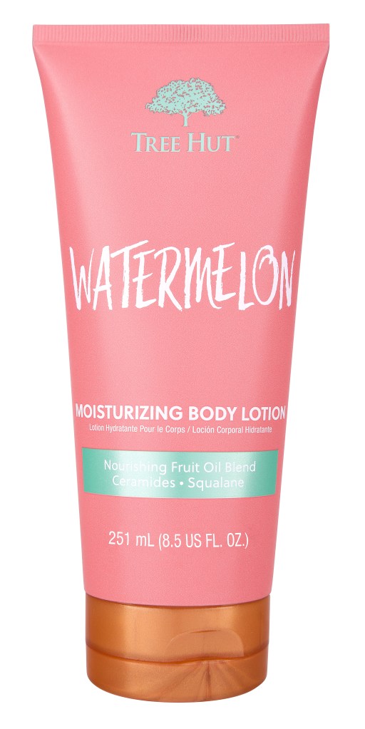 A pink bottle of Tree Hut Watermelon Moisturizing Body Lotion