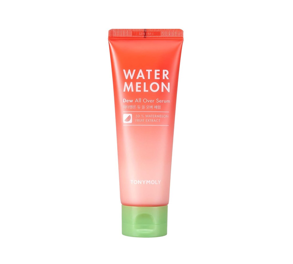 A red and green tube of TonyMoly Watermelon Dew All Over Serum