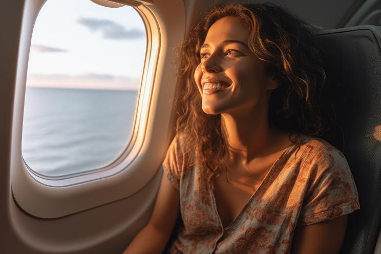 Joyful woman sitting by the airplane window, looking out