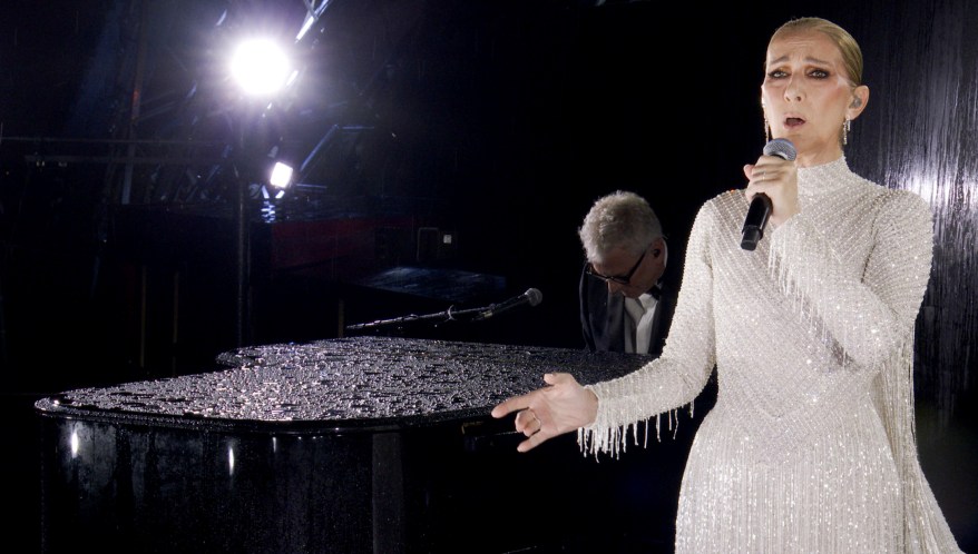 Celine Dion performs on the Eiffel Tower.