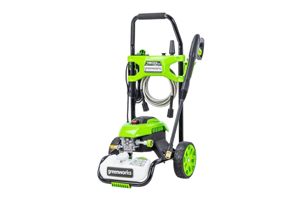 A green and black lawnmower