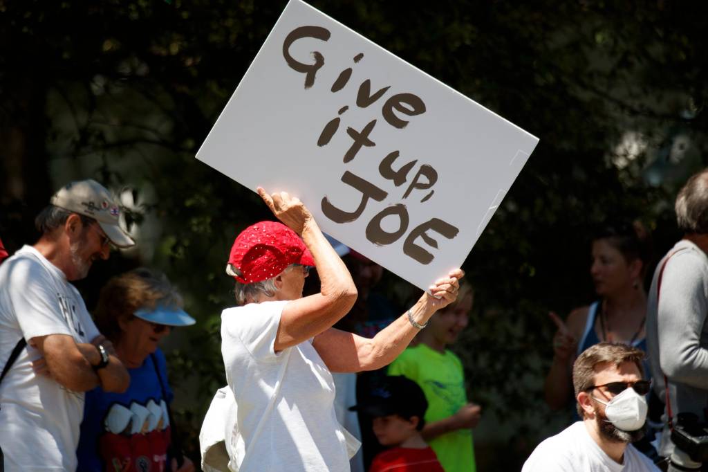 Protestors gathered outside Sherman Middle School before a campaign stop by President Joe Biden in Madison on Friday, July 5, 2024.