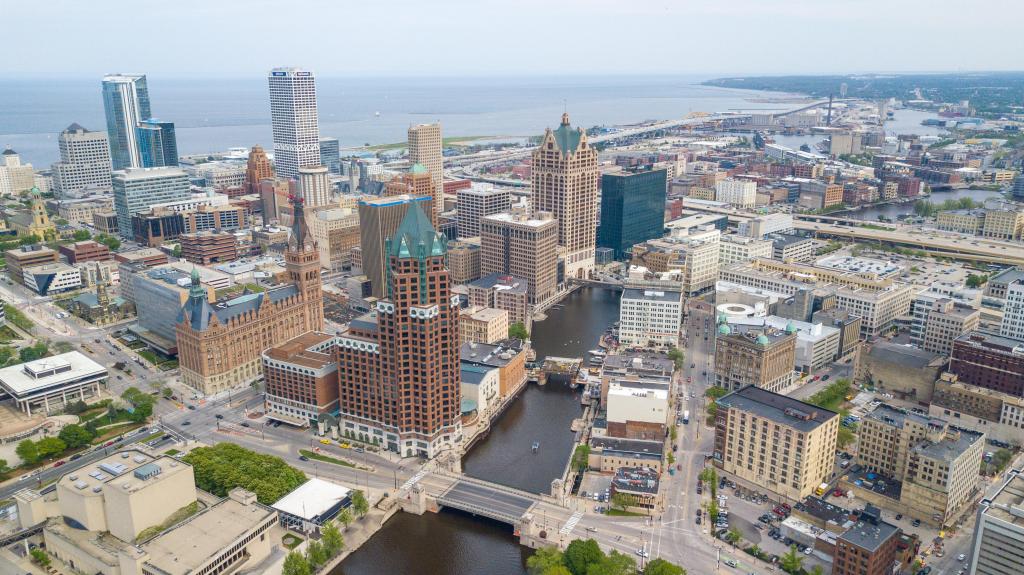 Skyline of the City of Milwaukee, Wisconsin, looking down on the Milwaukee River. 