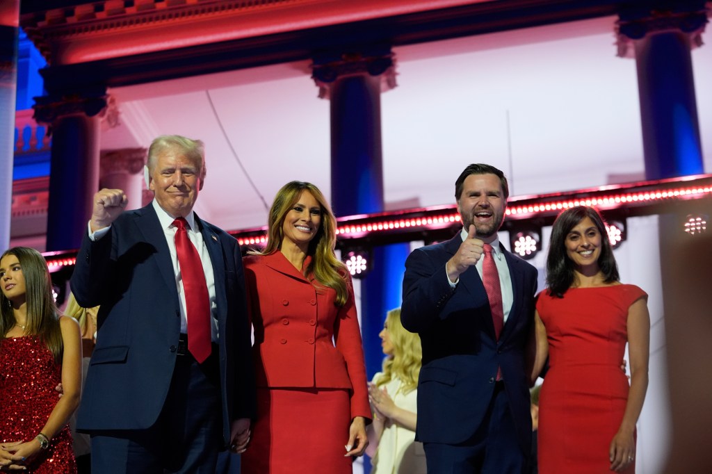 Trump on stage at the RNC with former first lady Melania Trump, his running mate Sen. JD Vance and Vance's wife Usha.