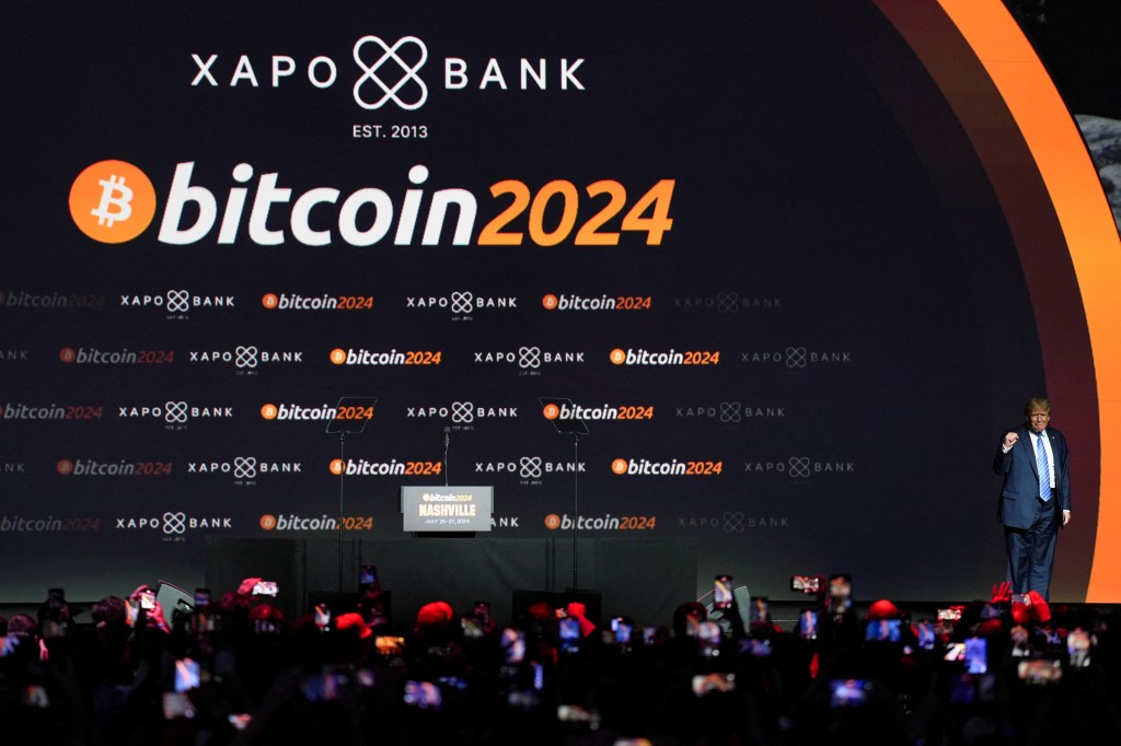 Republican presidential nominee and former U.S. President Donald Trump appears onstage at the Bitcoin 2024 event in Nashville, Tennessee, U.S., July 27, 2024.