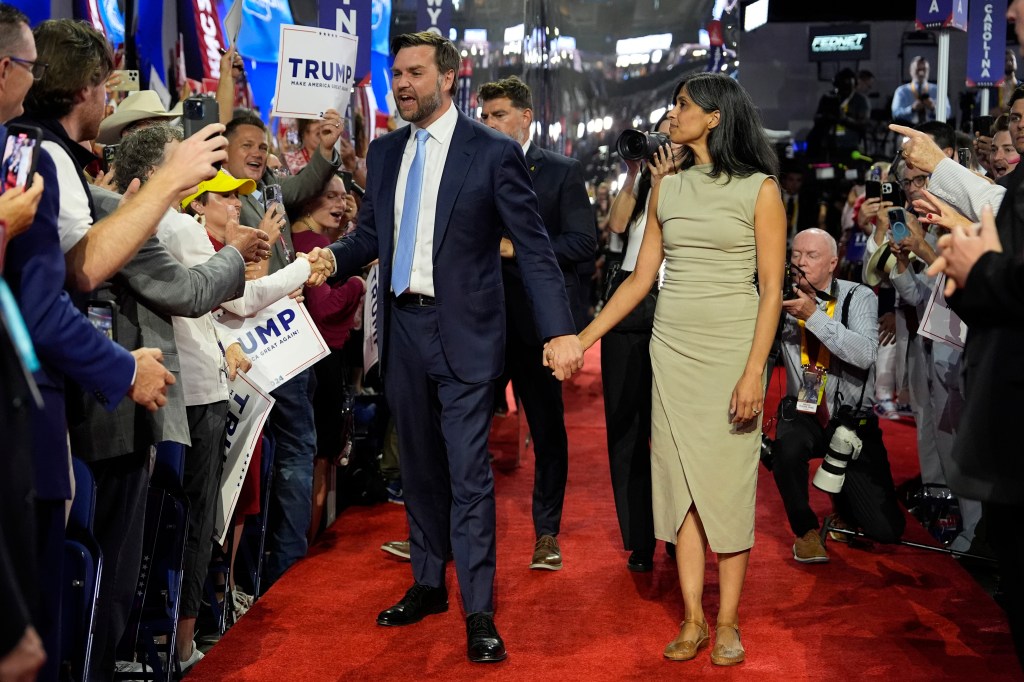 Republican vice presidential candidate Sen. JD Vance, R-Ohio, and his wife Usha Chilukuri Vance