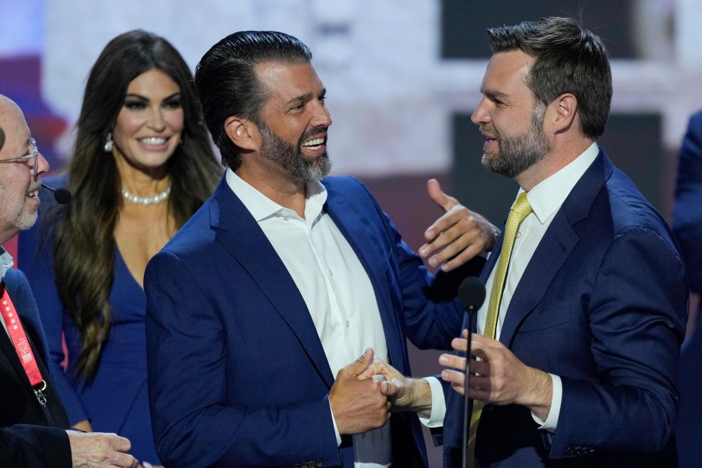 Vance is seen right with Donald Trump Jr at the Republican National Convention in Milwaukee on Tuesday.