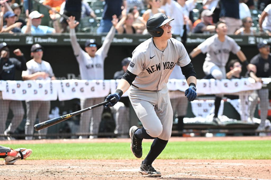 New York Yankees first baseman Ben Rice (93) hits a three-run home run during the ninth inning against the Baltimore Orioles at Oriole Park at Camden Yards. 