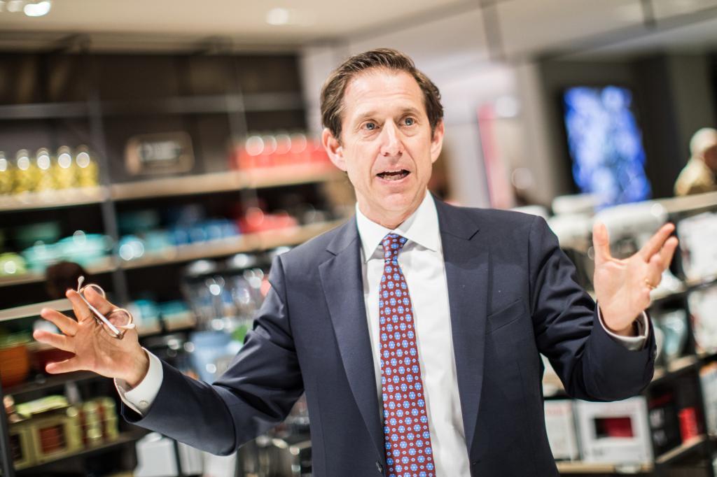 Richard Baker, Chairman of Hudson's Bay Company, speaking at a Galeria Kaufhof store in Duesseldorf, Germany about the company's European expansion plans