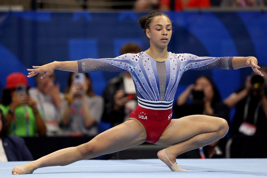 Hezly Rivera performing a floor exercise at the 2024 U.S. Olympic Team Gymnastics Trials in Minneapolis, Minnesota