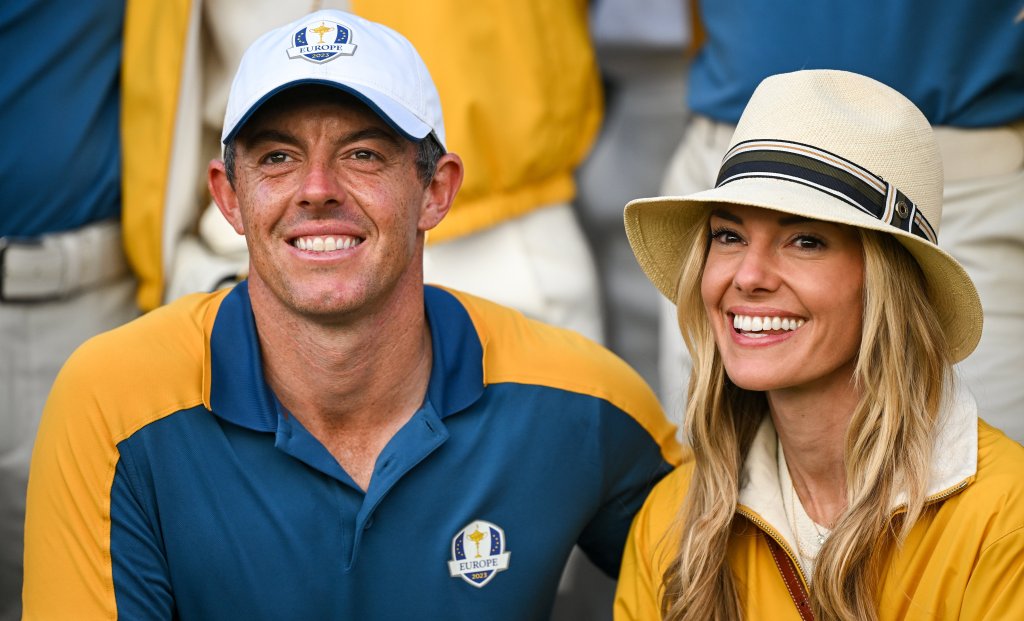 Rory McIlroy of Europe with his wife Erica McIlroy after the singles matches on the final day of the 2023 Ryder Cup at Marco Simone Golf and Country Club in Rome, Italy in October 2023. 