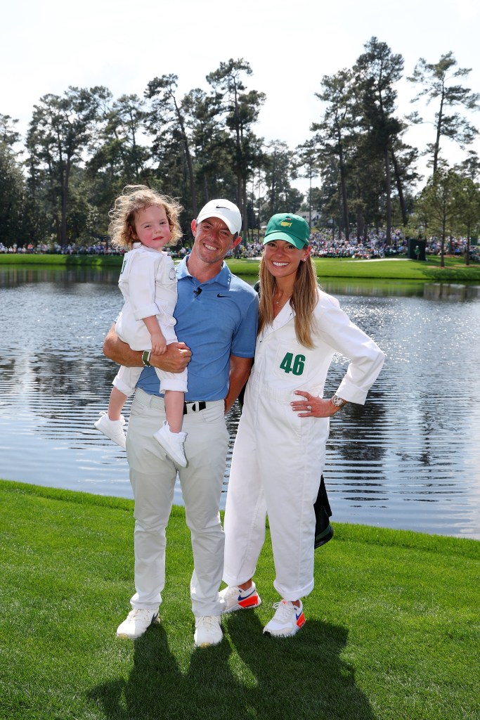 Rory McIlroy and his wife Erica and daughter Poppy McIlroy during the Par 3 contest prior to the 2023 Masters Tournament at Augusta National Golf Club on April 5, 2023 in Augusta, Georgia. 