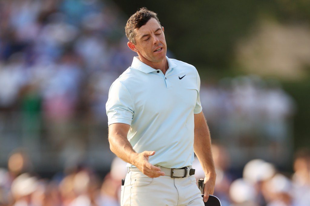 Rory McIlroy of Northern Ireland reacts after finishing the final round of the 124th U.S. Open at Pinehurst Resort on June 16, 2024 in Pinehurst, North Carolina. 