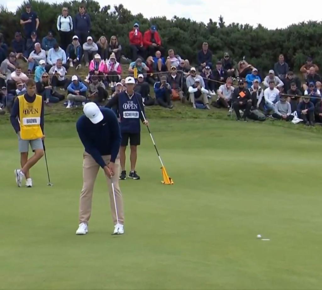 Scottie Scheffler misses a par putt from less than 7 feet from the cup on the ninth hole during Sunday's final round at the British Open.