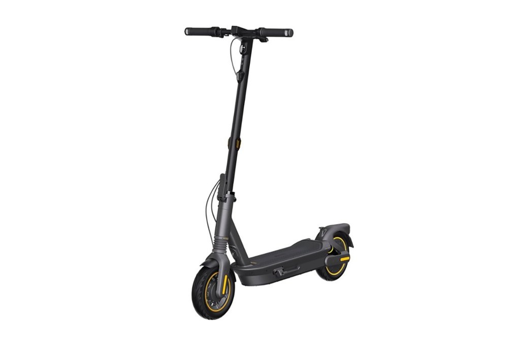 A black scooter with yellow accents