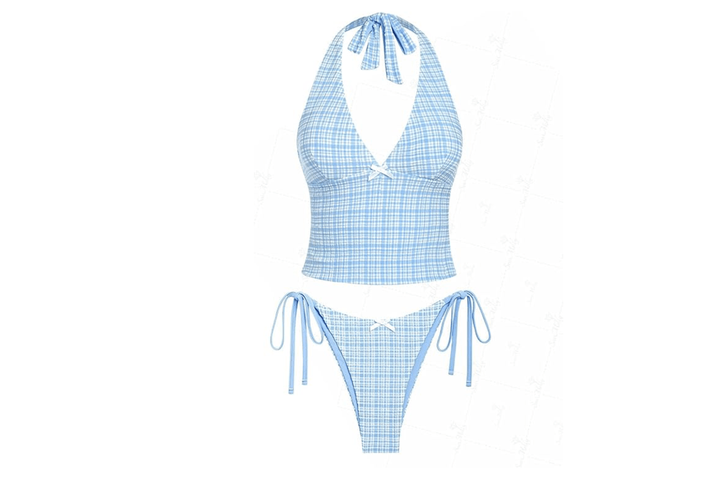 seamoly Gingham Halter Tie Side Chic Tankini Set