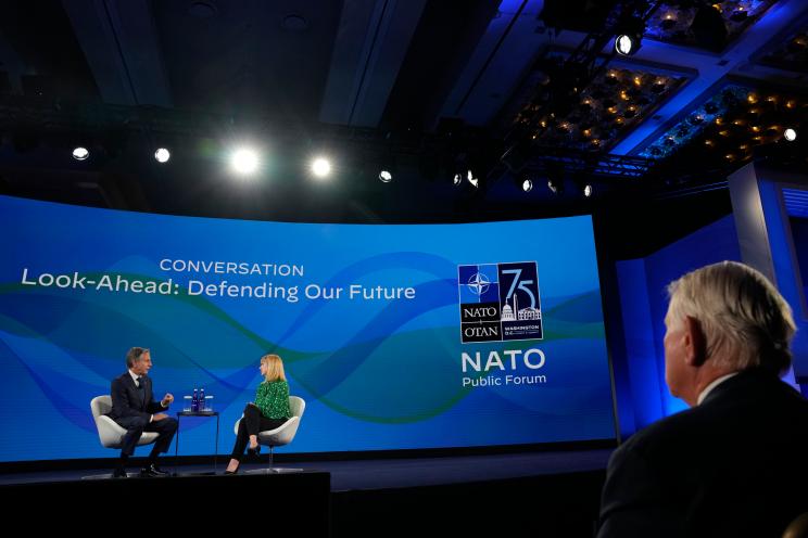 Secretary of State Antony Blinken speaks during the opening address of the NATO Public Forum