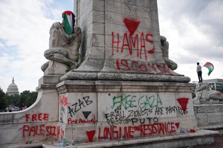 Graffiti covers the Columbus Memorial Fountain at Union Station during a pro-Palestinian protest on the day Netanyahu addresses a joint meeting of Congress on Capitol Hill, in Washington, U.S., July 24, 2024.