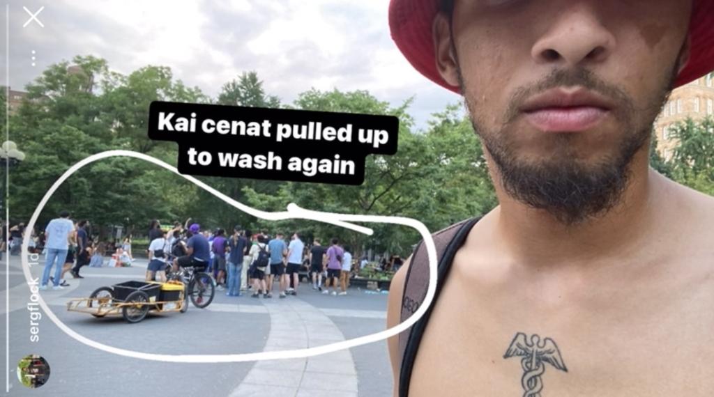 Screenshot from an Instagram post by @sergflock showing Twitch streamer Kai Cent being followed by fans in Washington Square Park.