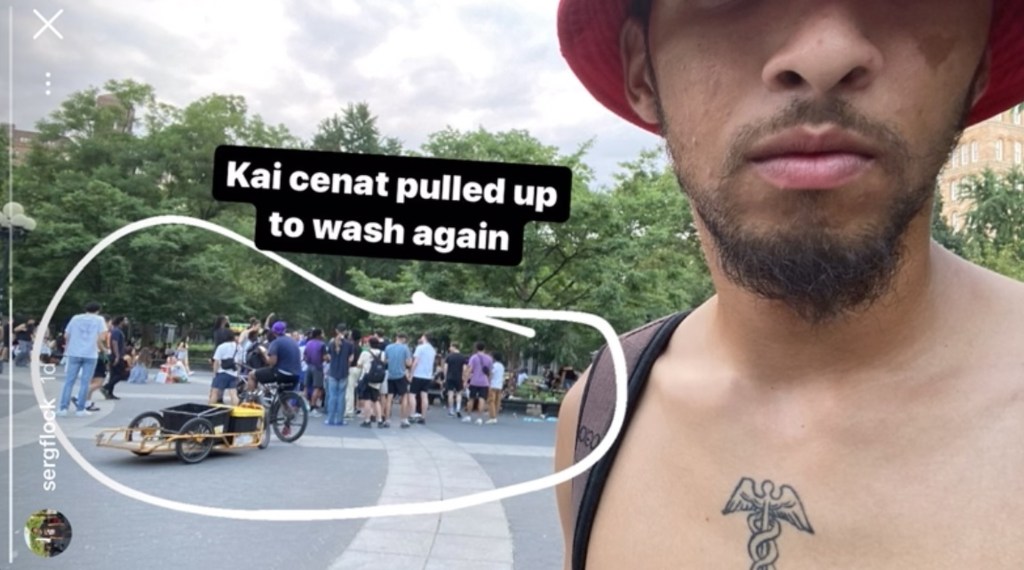 Screenshot from an Instagram post by @sergflock showing Twitch streamer Kai Cent being followed by fans in Washington Square Park.