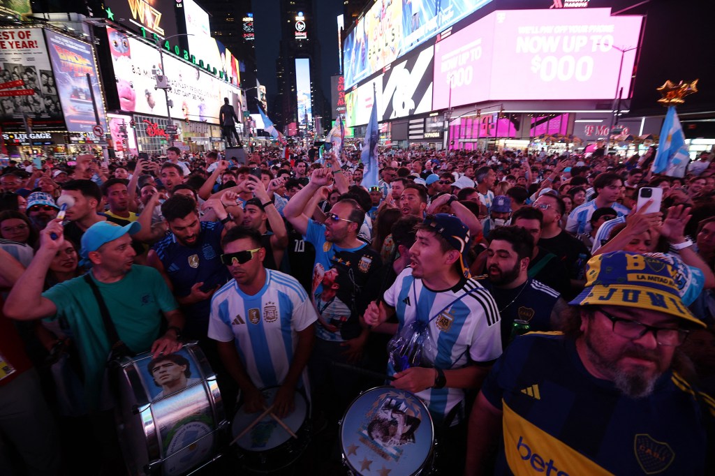 Argentina fans gather in Times Square on Monday ahead of the match against Canada the following day.