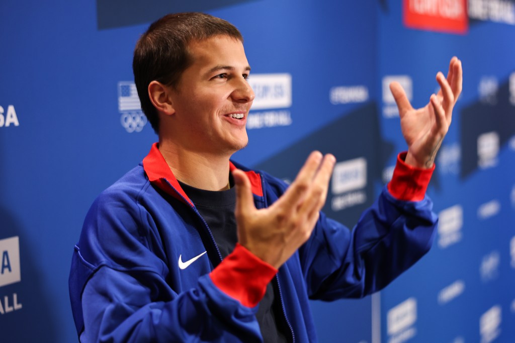 Soccer player John Tolkin speaking to the media at the Team USA Media Summit in New York City, 2024