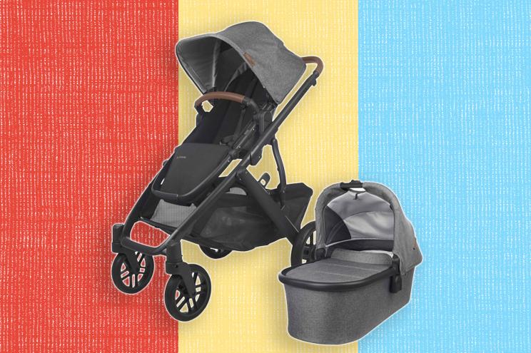 A baby stroller with a basket