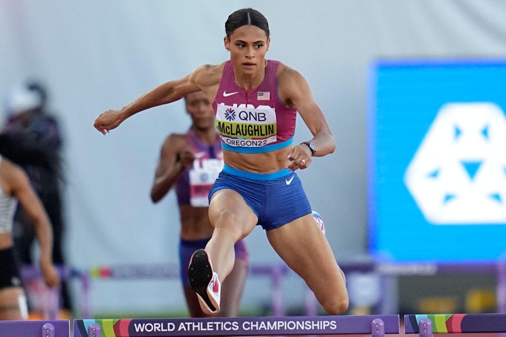 Sydney McLaughlin of the United States winning Gold in the final of the women's 400-meter hurdles at the World Athletics Championships