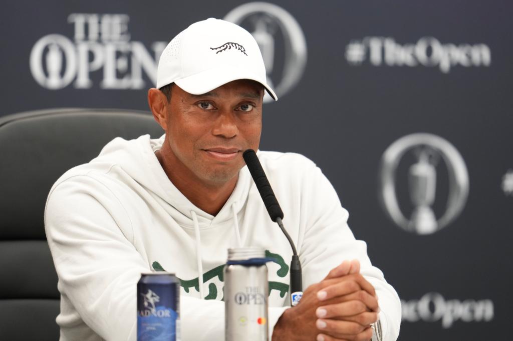 Tiger Woods answering questions at a press conference before the British Open Golf Championships at Royal Troon golf club, July 16, 2024.