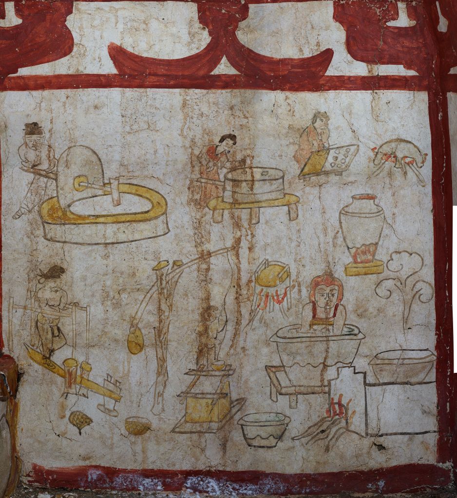 Undated mural depicting various work scenes in a Tang Dynasty tomb excavated in Taiyuan, north China's Shanxi Province