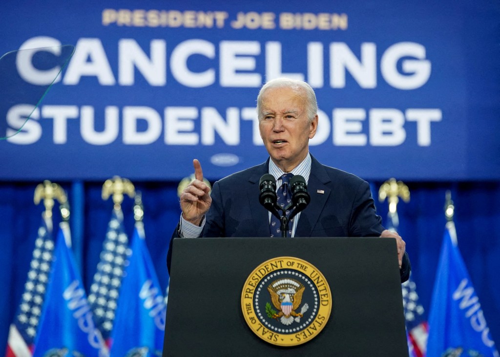 President Joe Biden speaks as he announces a new plan for federal student loan relief during a visit to Madison Area Technical College Truax Campus, in Madison, Wisconsin, U.S, April 8, 2024.