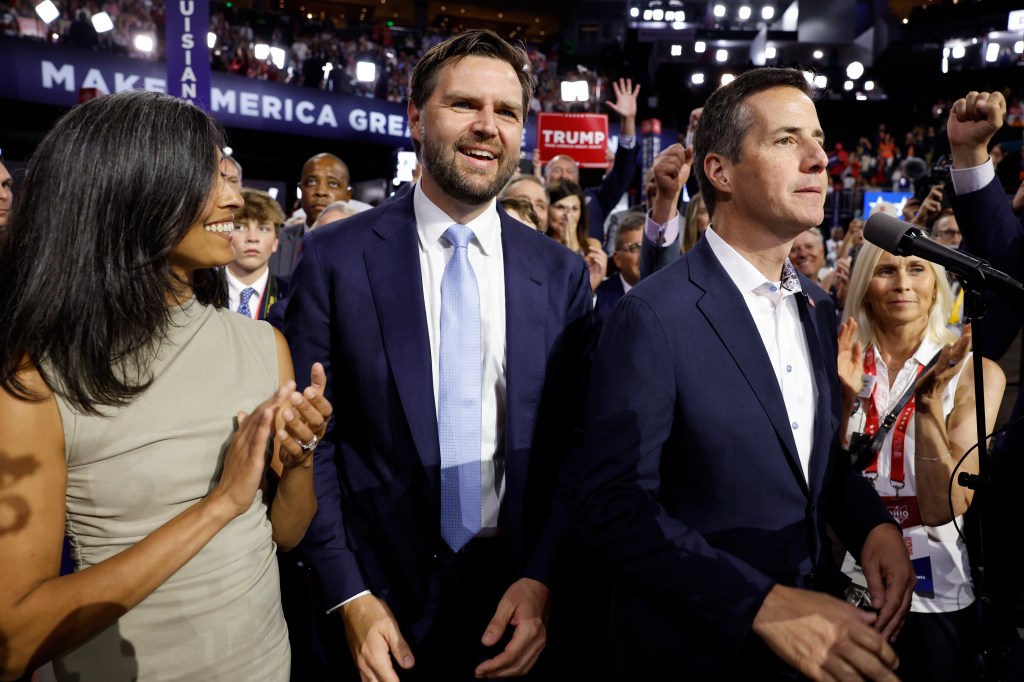 Sen. JD Vance and his wife on Monday at the GOP convention.