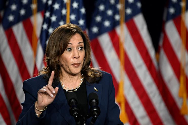 Kamala Harris standing in front of several American flags, holding a finger in the air