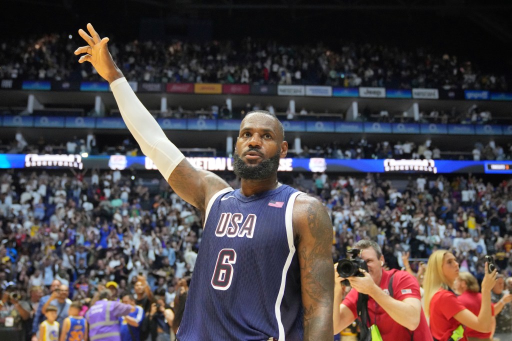 LeBron James waving to the crowd after a basketball game between United States and South Sudan at the o2 Arena in London