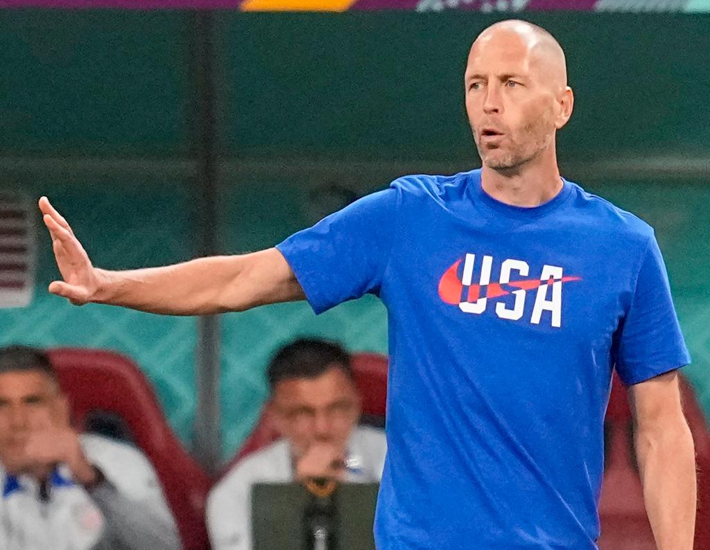 United States head coach Gregg Berhalter gesturing during a World Cup round of 16 soccer match against the Netherlands