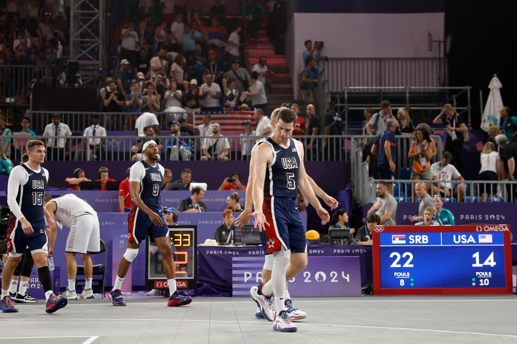 United States player Jimmer Fredette (5) reacts after the game against Serbia in the menâ��s pool basketball 3x3 game during the Paris 2024 Olympic Summer Games at La Concorde 1.