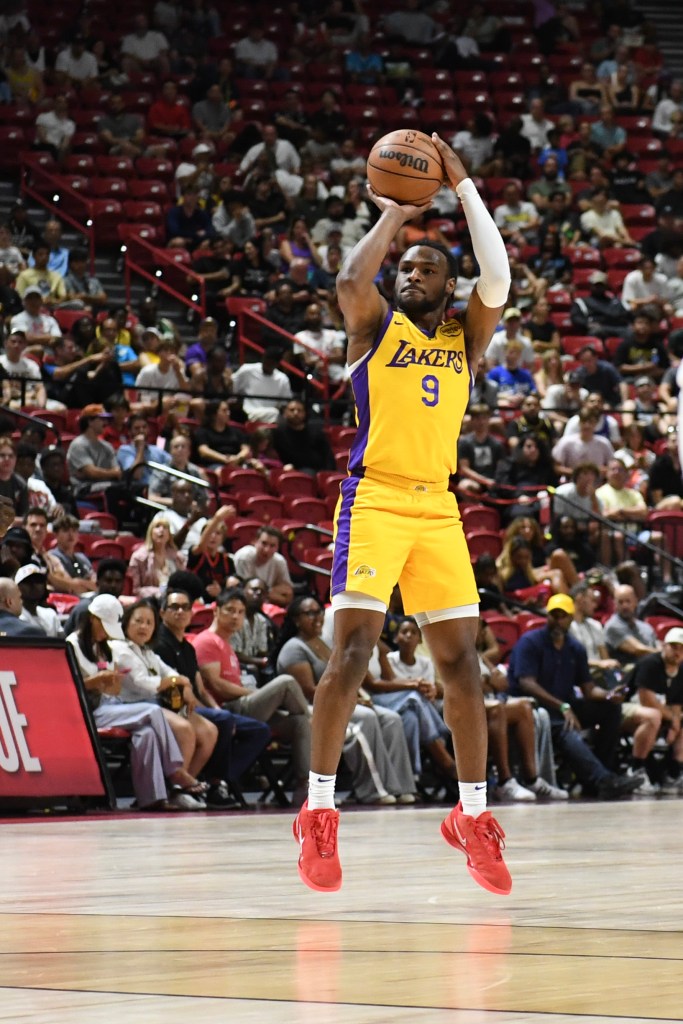 Bronny James scores a three-point shot in the Lakers' win over the Hawks on July 17, 2024.