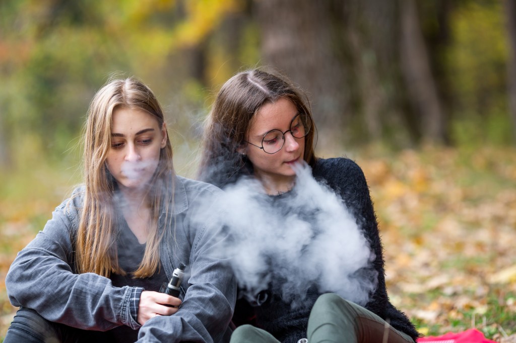 Teenage girls in casual clothes vape electronic cigarette on the street in the park in the autumn evening