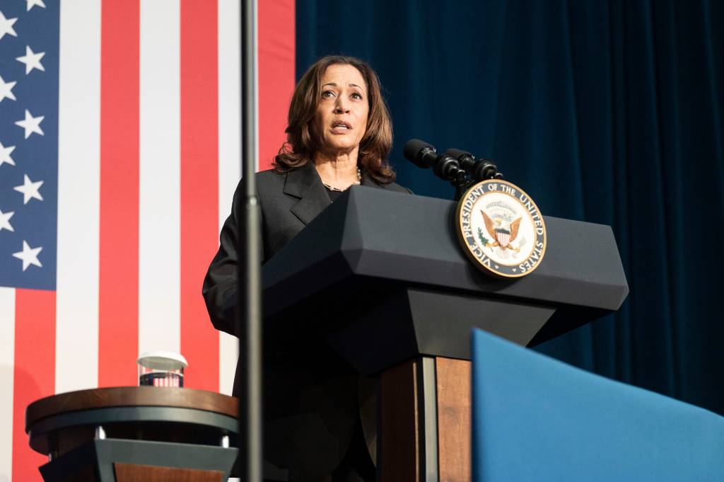 Vice President Kamala Harris speaks before a moderated discussion regarding reproductive health with former Trump administration official Olivia Troye and reproductive rights advocate Amanda Stratton at Air Zoo in Kalamazoo on Wednesday, July 17, 2024.