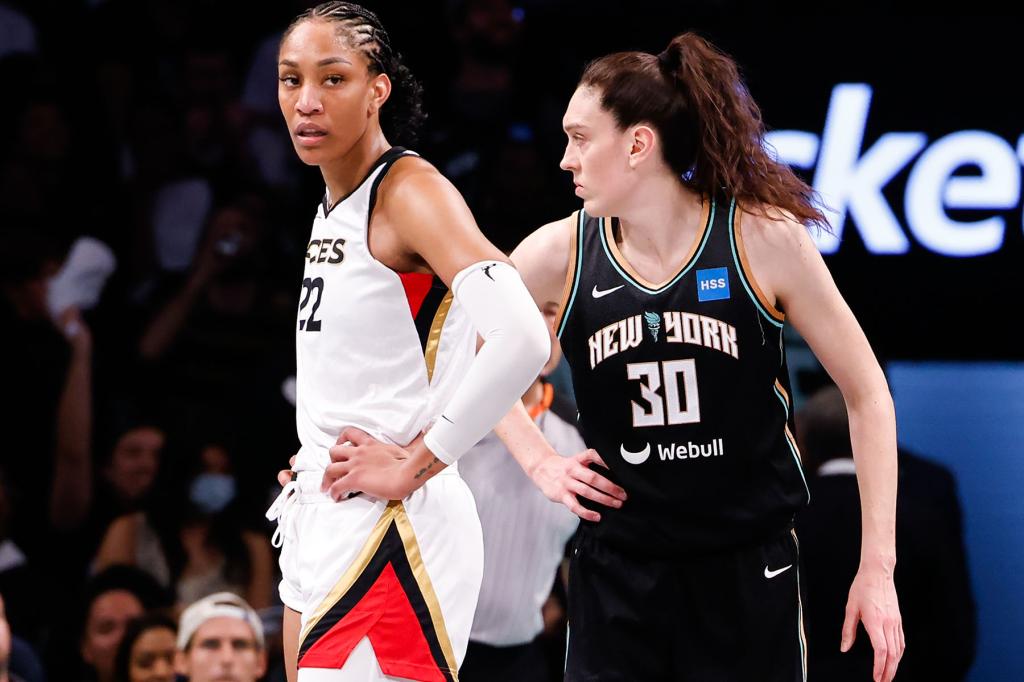 A'ja Wilson #22 of the Las Vegas Aces and Breanna Stewart #30 of the New York Liberty during the 4th quart of Game 4 of the 2023 WNBA Finals at Barclays Center. 