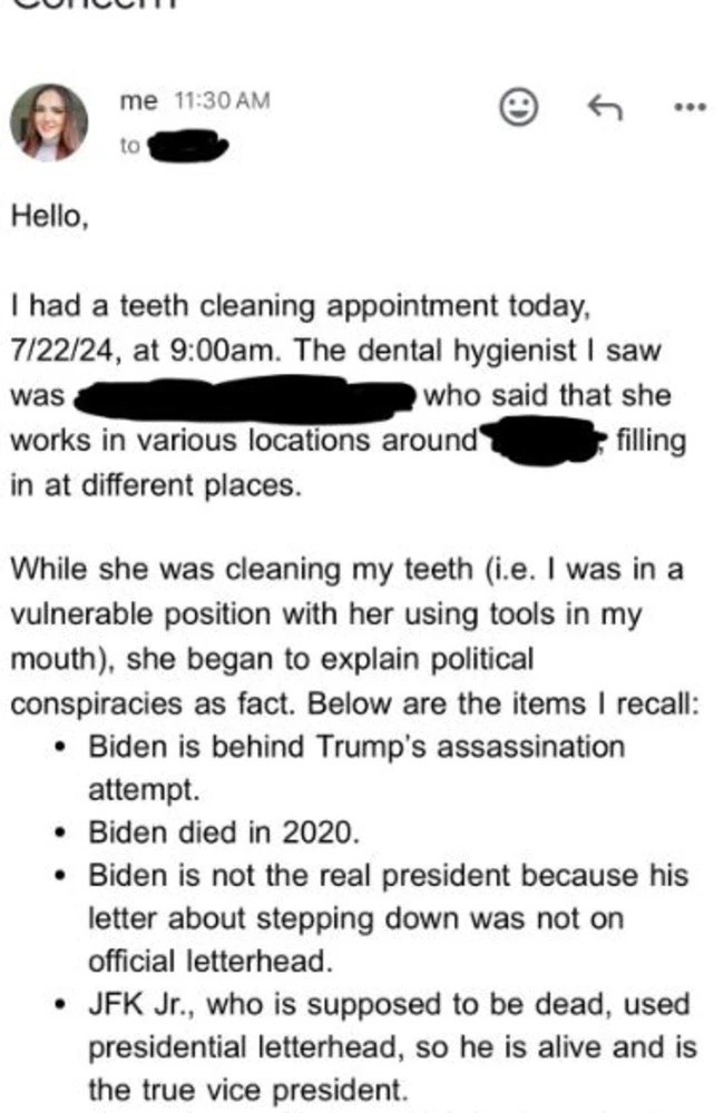 Woman named Jo Danvers sharing her dental experience in an email