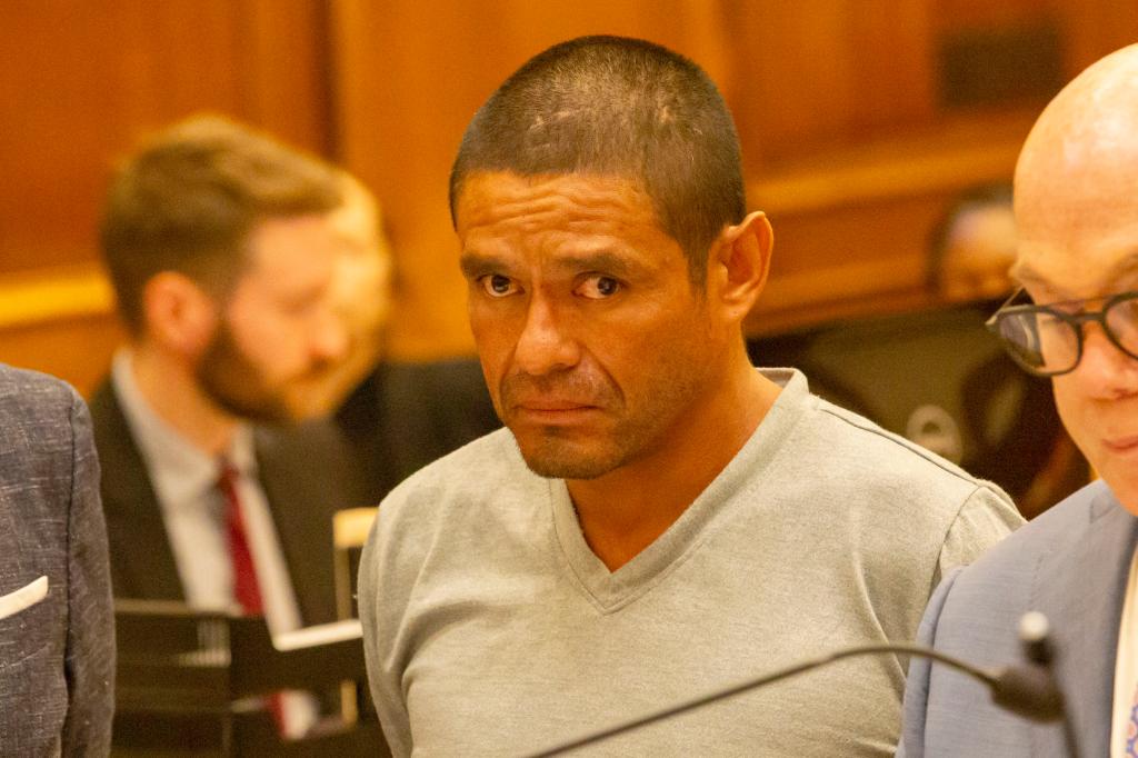 Leovando Moreno, 37, is arraigned at Brooklyn Criminal Court Monday evening after being arrest for beating the boyfrined of the 46 year-old woman his accomplace was raping in Coney Island on Sunday night.