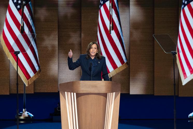 Vice President Kamala Harris, the 2024 Democratic Party nominee for President of the US, makes remarks accepting her party's nomination at the Democratic National Convention.