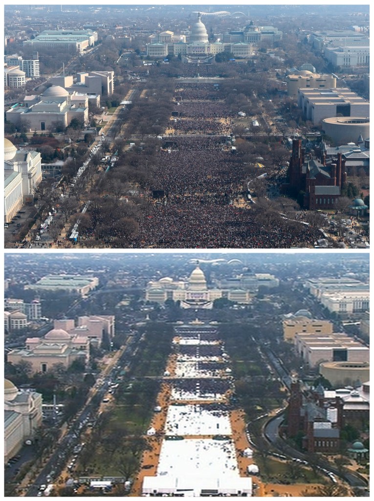 This pair of photos shows a view of the crowd on the National Mall at the inaugurations of President Barack Obama, above, on Jan. 20, 2009, and President Donald Trump, below, on Jan. 20, 2017. 