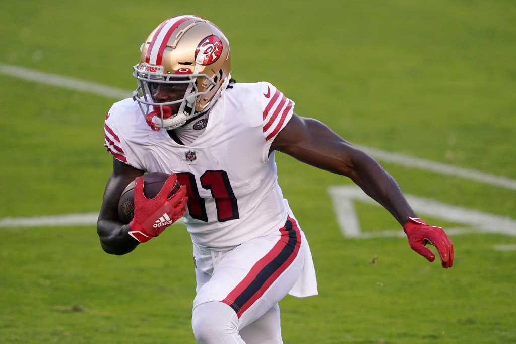 San Francisco 49ers wide receiver Brandon Aiyuk (11) runs against the Los Angeles Rams during the first half of an NFL football game in Santa Clara, Calif., Sunday, Oct. 18, 2020. 