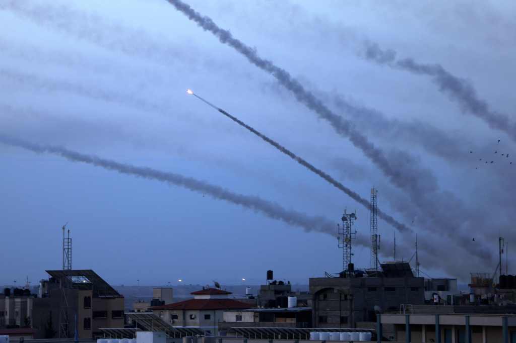 Rockets being fired from Gaza City towards Israel on October 7, 2023