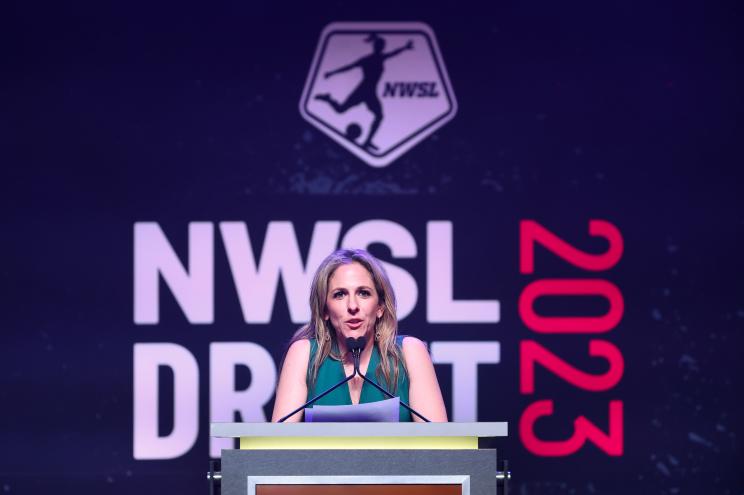 NWSL commissioner Jessica Berman speaking at podium during the 2023 NWSL Draft at the Pennsylvania Convention Center