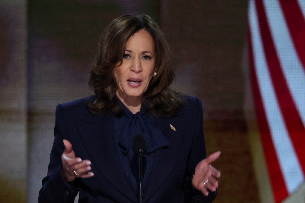 Democratic presidential nominee and U.S. Vice President Kamala Harris takes the stage on Day 4 of the Democratic National Convention.